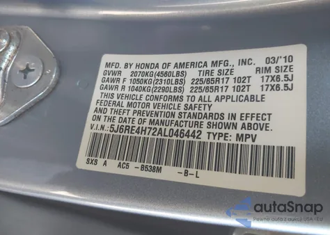 2010 Honda Cr-V Ex-L z USA, uszkodzony, nr VIN 5J6RE4H72AL046442